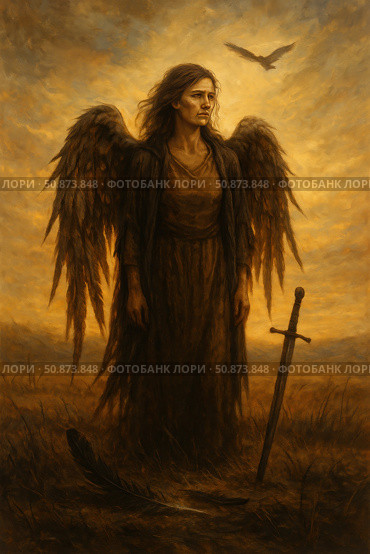 The painting in warm ochre tones depicts a woman with black angel wings. She stands in a gloomy landscape against the backdrop of a sunset sky, next to her is a sword plunged into the ground and a fallen feather. Her face expresses fatigue, determination and inner strength. The atmosphere of the work is symbolic and dramatic - the image can be interpreted as a fallen angel, a warrior of light or a keeper of boundaries. Ideal for the themes of philosophy, mythology, fantasy and inner transformation. Стоковое AI-изображение, AI-художник Анна Кривицкая / Фотобанк Лори