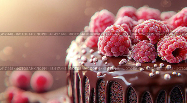 The photo shows a close-up of a chocolate cake, sprinkled with ruby-red raspberries. Стоковое AI-изображение, AI-художник Ярославский Максим / Фотобанк Лори