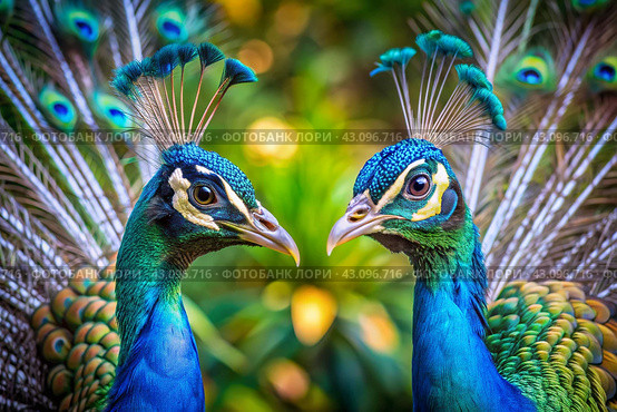 The rainforest. Two large beautiful peacocks on a blurred tropical background. Close-up. Стоковое AI-изображение, AI-художник Photojuli / Фотобанк Лори