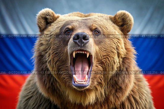 The state symbol of Russia. An angry, growling Bear on the background of the Russian flag. Tricolour. Don't wake up the Russian bear. Стоковое AI-изображение, AI-художник Photojuli / Фотобанк Лори