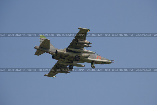 The Sukhoi Su-25 Grach (NATO reporting name: Frogfoot) is a single-seat, twin-engine jet aircraft developed in the Soviet Union by Sukhoi (2018 год). Редакционное фото, фотограф Олег Хархан / Фотобанк Лори