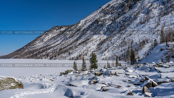 The surface of the frozen lake is covered with pure untouched snow. Picturesque boulders are scattered on the shore. A chain of footprints trampled in snowdrifts. Mountain slope against the blue sky. Стоковое фото, фотограф Вера Ивановна Кубарева / Фотобанк Лори