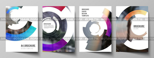 The vector layout of A4 format modern cover mockups design templates for brochure, magazine, flyer, annual report. Futuristic design circular pattern, circle elements forming geometric frame for photo. The vector layout of A4 format modern cover mockups design templates for brochure, magazine, flyer, report. Futuristic design circular pattern, circle elements forming geometric frame for photo. Стоковая иллюстрация, агентство Ingram Publishing / Фотобанк Лори