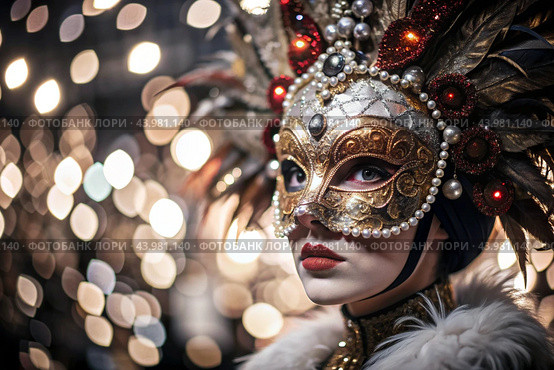 The Venetian Carnival. Close-up of a woman in an ornate carnival mask. Bright colors convey an atmosphere of celebration and luxury. Стоковое AI-изображение, AI-художник Photojuli / Фотобанк Лори