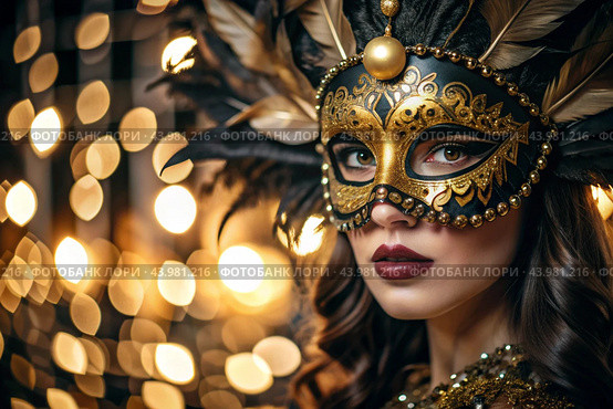 The Venetian Carnival. Close-up of a woman in an ornate carnival mask. Bright colors convey an atmosphere of celebration and luxury. Стоковое AI-изображение, AI-художник Photojuli / Фотобанк Лори
