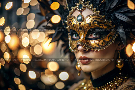 The Venetian Carnival. Close-up of a woman in an ornate carnival mask. Bright colors convey an atmosphere of celebration and luxury. Стоковое AI-изображение, AI-художник Photojuli / Фотобанк Лори