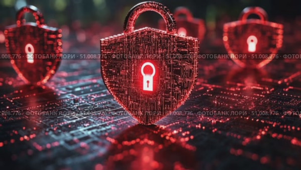 The visuals showcase vibrant digital lock symbols amid a futuristic grid, illustrating themes of cybersecurity and data protection. Стоковое AI-видео, аниматор Данила Большаков / Фотобанк Лори