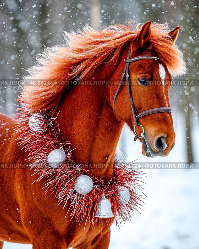 The year 2026 on the Eastern calendar is the year of the red fiery Horse. The red fiery Horse is a sign of purposefulness and triumph. Стоковое AI-изображение, AI-художник Сергей Елизарьев / Фотобанк Лори