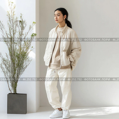 The young girl is dressed in a minimalist, modern style, with restraint and style. She wears a loose beige and milky bomber jacket, a light sweatshirt, loose white cargo pants and white sneakers. Her hair is pulled back into a low ponytail, and her expression is calm and thoughtful. The background is light, neutral, with a minimum of details, including a small green plant in a gray pot. The whole scene is designed in the aesthetics of minimalism, natural shades and urban style. Стоковое AI-изображение, AI-художник Анна Кривицкая / Фотобанк Лори