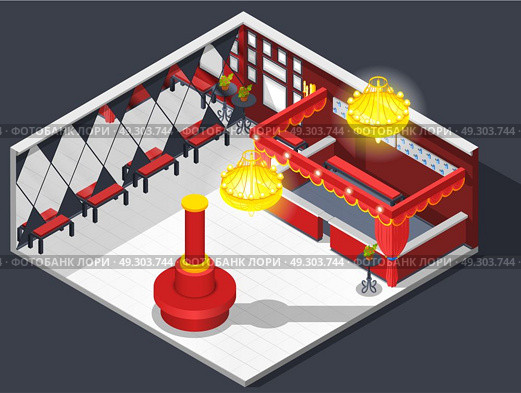 Theatre Hatcheck Room Composition. Theatre isometric interior composition of checkroom lobby furniture dressing area with mirrors seats and luminant chandeliers vector illustration. Стоковая иллюстрация, агентство Ingram Publishing / Фотобанк Лори