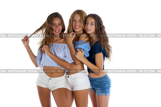 Thee teen best friends girls happy together on white background. Стоковое фото, агентство Ingram Publishing / Фотобанк Лори