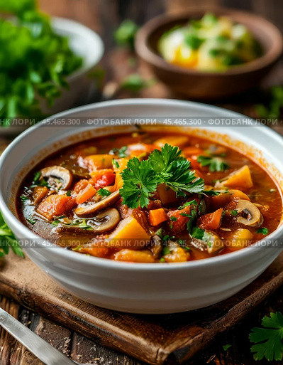Thick, rich goulash soup with beef, fresh mushrooms and potatoes is an excellent hearty first course with a Hungarian twist. Стоковое AI-изображение, AI-художник Сергей Елизарьев / Фотобанк Лори