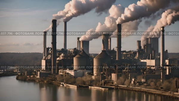Thick smoke billows from a factory located near a body of water, creating a concerning environmental scene. Стоковое AI-видео, аниматор Данила Большаков / Фотобанк Лори