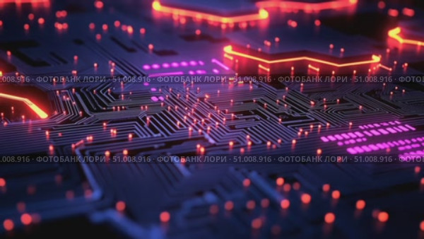 This captivating display highlights intricate circuitry illuminated by vibrant neon colors, showcasing a mesmerizing digital design. Стоковое AI-видео, аниматор Данила Большаков / Фотобанк Лори