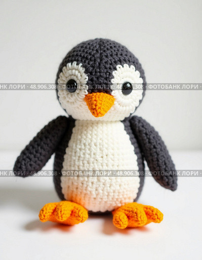 This charming knitted penguin toy showcases intricate handicraft, featuring a cozy blend of grey, white, and orange yarn. A soft and cuddly friend for any child Generative AI. Стоковое AI-изображение, AI-художник Юлия Петровская / Фотобанк Лори