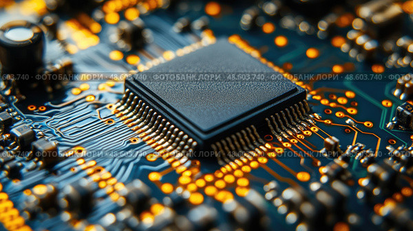 This close-up displays a microchip embedded on a circuit board, highlighting its complex connections and electronic components. Стоковое AI-изображение, AI-художник Данила Большаков / Фотобанк Лори