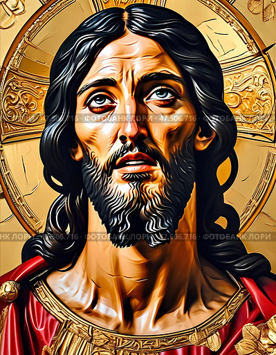 This striking artwork reveals Jesus Christ with an intense gaze, surrounded by a golden aura that symbolizes divinity Generative AI. Стоковое AI-изображение, AI-художник Юлия Петровская / Фотобанк Лори