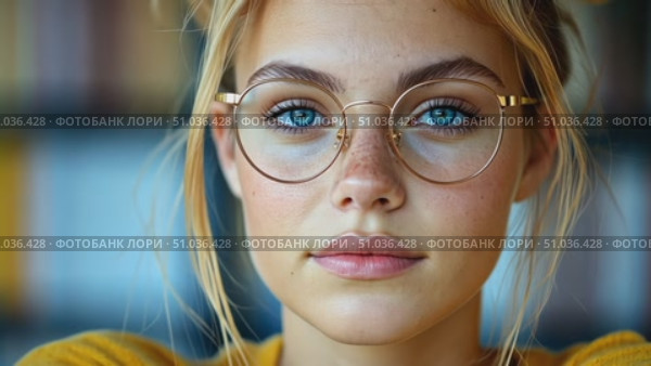 Thoughtful Woman with Blue Eyes and Glasses in Yellow Attire for Intellectual Pursuit Poster. Стоковое AI-видео, аниматор Данила Большаков / Фотобанк Лори