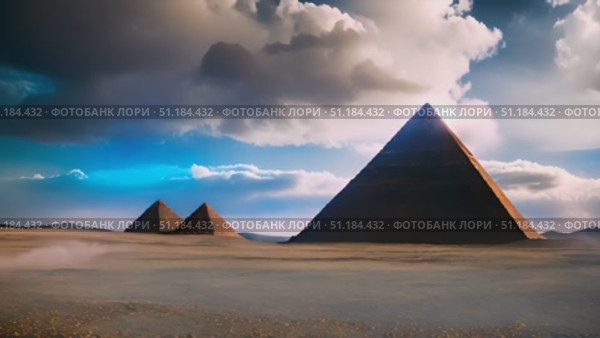 Three ancient pyramids standing tall in the vast desert landscape, with overcast skies above adding a dramatic backdrop to the scene. Стоковое AI-видео, аниматор Данила Большаков / Фотобанк Лори