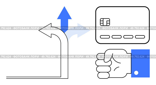 Three arrows indicate direction options beside credit card and hand symbol. Ideal for financial planning, payment methods, banking, decision making, transactions, personal finance, e-commerce. Line. Credit card and hand illustration with three directional arrows, highlighting financial decisions and payments. Стоковая иллюстрация, агентство Ingram Publishing / Фотобанк Лори