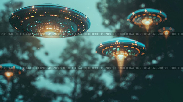 Three brightly illuminated UFOs float silently above a forested area during dusk, emitting distinct light patterns and beams towards the ground. Стоковое AI-изображение, AI-художник Данила Большаков / Фотобанк Лори