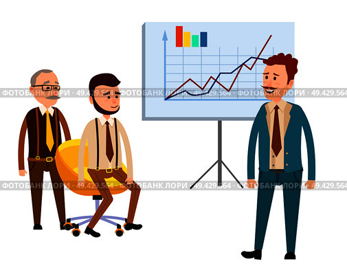 Three businessmen in office with diagrams isolated on white. Man in blue business suit standing near placard with charts, young boy sitting on yellow armchair, old male standing near luxury chair.. Three Businessmen in Office with Diagrams Flat. Стоковая иллюстрация, агентство Ingram Publishing / Фотобанк Лори