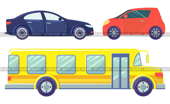 Three cars isolated on white background. Yellow large bus and small red microcar. Dark blue colored sedan. Auto to drive and get your destination quickly. Vector illustration in flat style, cartoon. Cars isolated on white, Bus ans Sedan, Microcar. Стоковая иллюстрация, агентство Ingram Publishing / Фотобанк Лори