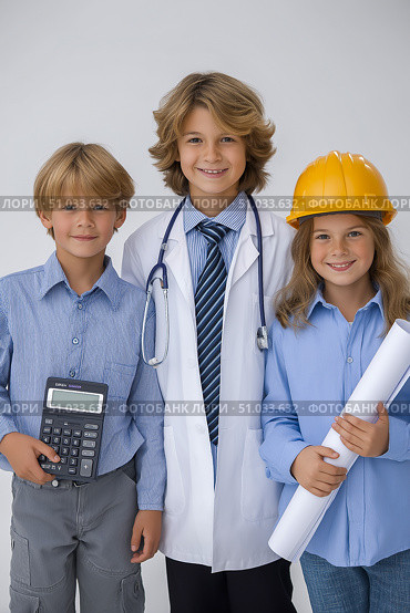 Three children dressed as professionals, one with a calculator, another in a hard hat and goggles, and the last holding blueprints, showcasing future career aspirations and teamwork. Стоковое AI-изображение, AI-художник Ирина Ручушкина / Фотобанк Лори