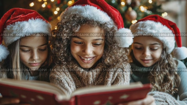 Three children in Santa hats enjoy reading a story together, surrounded by festive decorations during the holiday season at home. Стоковое AI-видео, аниматор Данила Большаков / Фотобанк Лори