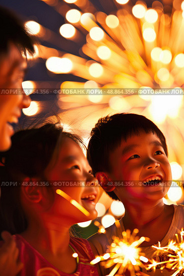 Three children smile and watch fireworks explode in the night sky. Стоковое AI-изображение, AI-художник Данила Большаков / Фотобанк Лори