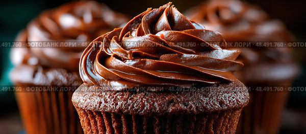 Three chocolate cupcakes with frosting on top. Стоковое AI-изображение, AI-художник Ярославский Максим / Фотобанк Лори