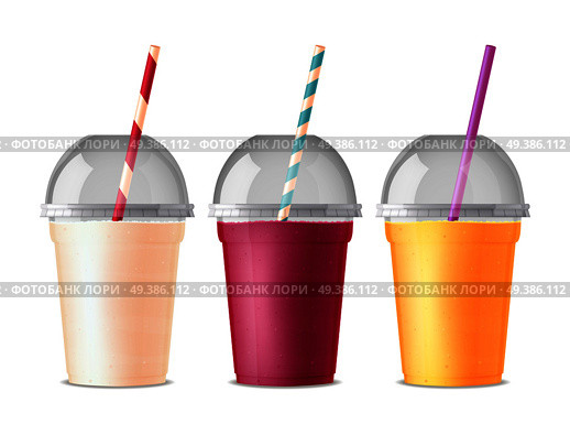 Three colored takeout fast food plastic glasses for drink juice cola tea or smoothie with pipe and transparent cover isolated vector illustration. Takeout Fast Food Plastic Glasses. Стоковая иллюстрация, агентство Ingram Publishing / Фотобанк Лори