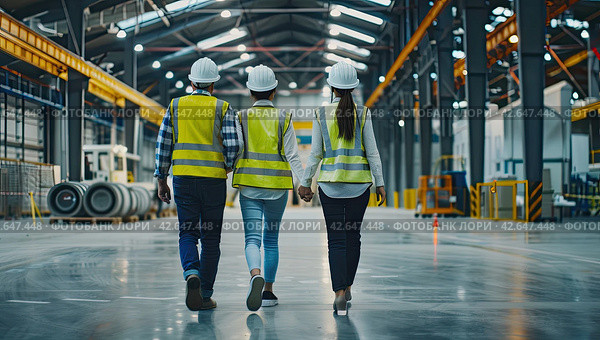 Three engineers in hard hats and yellow vests walk through a large production room. Стоковое AI-изображение, AI-художник Ярославский Максим / Фотобанк Лори