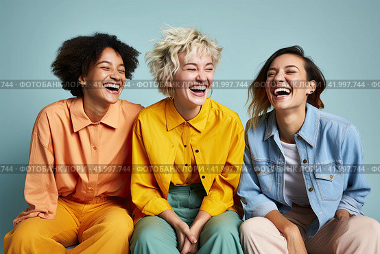 Three friends of different races are laughing merrily and looking at the camera. The concept of female friendship. Стоковое AI-изображение, AI-художник Ярославский Максим / Фотобанк Лори