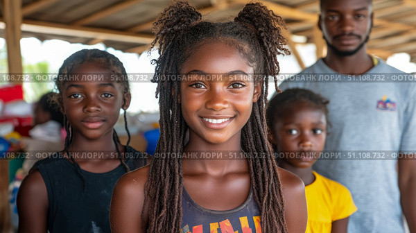 Three happy children and adult man in warm community setting, centered on bright-faced girl with beautiful smile and dreadlocks. Стоковое AI-изображение, AI-художник Данила Большаков / Фотобанк Лори
