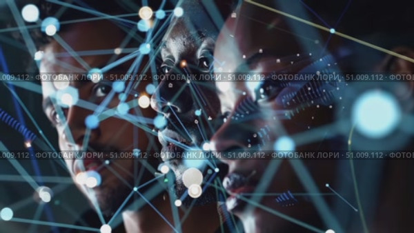 Three individuals engage in a thought-provoking discussion surrounded by abstract digital connections representing complex ideas and technology. Стоковое AI-видео, аниматор Данила Большаков / Фотобанк Лори