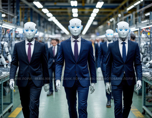 Three men in suits walk down a hallway with robotic faces. Стоковое AI-изображение, AI-художник Ярославский Максим / Фотобанк Лори