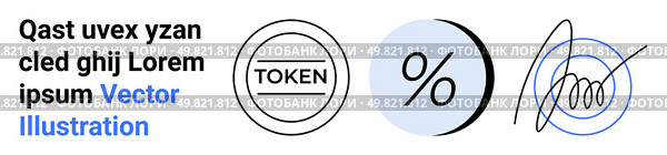 Three modern icons TOKEN circle, percentage sign circle, abstract sketch. Ideal for finance, marketing, branding, websites, mobile apps, presentations, and social media. Landing page. Modern Financial Elements with Token, Percentage Sign, and Abstract Sketch. Стоковая иллюстрация, агентство Ingram Publishing / Фотобанк Лори