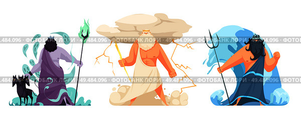 Three powerful ancient greek brothers gods horizontal set with hades zeus and poseidon cartoon isolated vector illustration. Стоковая иллюстрация, агентство Ingram Publishing / Фотобанк Лори