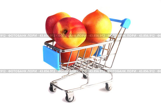 Three ripe red smooth apricots in a shopping basket on a white background. Side view. Стоковое фото, фотограф Ярославский Максим / Фотобанк Лори
