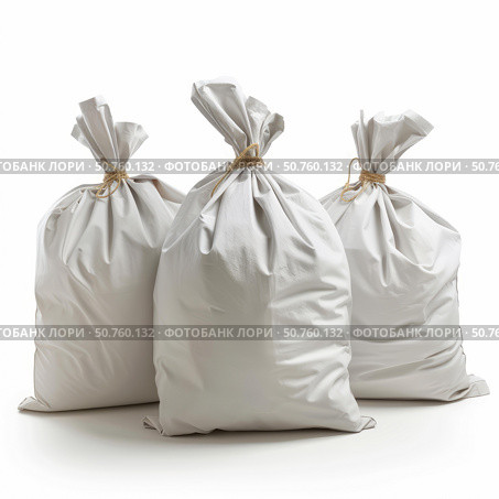 Three white sacks tied with rope containing goods on white background. Стоковое AI-изображение, AI-художник Иван Рябоконь / Фотобанк Лори