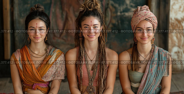 Three young women sitting next to each other and smiling. They are dressed in ethnic clothes with elements of boho and Indian style: saris, draperies, large jewelry, earrings, necklaces. All of them have carefully applied body art (bindi) on their foreheads. One of the girls has dreadlocks, another has her head wrapped in cloth, the third has her hair loose. The atmosphere is friendly and warm, the background is neutral, with a light texture of an old wall, emphasizing the cultural aesthetics of the scene. The visual style is authentic and inspiring. Стоковое AI-изображение, AI-художник Анна Кривицкая / Фотобанк Лори