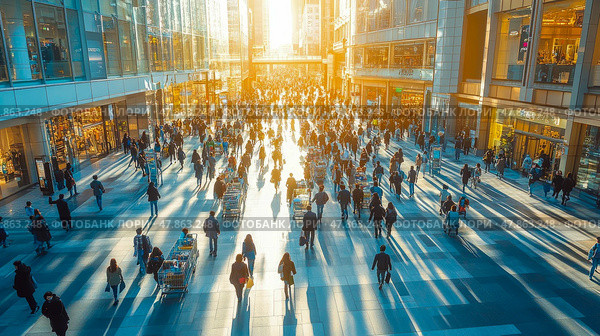 Throngs of shoppers navigate a bustling urban marketplace as the sun sets, casting long shadows across the modern architecture and vibrant storefronts. Стоковое AI-изображение, AI-художник Данила Большаков / Фотобанк Лори
