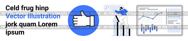 Thumbs-up icon, person analyzing chart on bar graph, data analytics panel with graphs. Ideal for performance metrics, social media engagement, teamwork, data-driven decisions, business growth. Growth, Popularity, and Data Analysis Represented Through Thumbs-Up, Graphs, and Teamwork. Стоковая иллюстрация, агентство Ingram Publishing / Фотобанк Лори