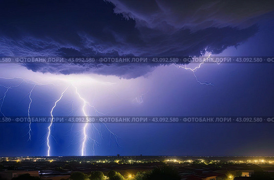 Thunderstorm with bright lightning and thundercloud at night in the countryside. Spring thunderstorms, the beauty of nature. С помощью ИИ. Стоковое AI-изображение, AI-художник Коханова Наталья / Фотобанк Лори