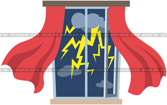Thunderstorms and window in rainy season. Curtains are blown away by strong wind. Windy weather, rain, thunder, lightning outside window. View of rainy bad weather, thunderstorm vector illustration. Wind, rain, thunder, lightning outside window with curtains. View of rainy bad weather, thunderstorm. Стоковая иллюстрация, агентство Ingram Publishing / Фотобанк Лори