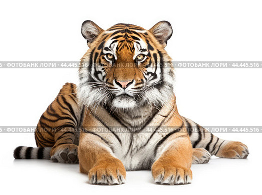 Tiger lying down isolated on white. Стоковое AI-изображение, AI-художник Veniamin Kraskov / Фотобанк Лори