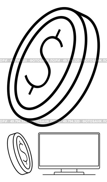 Tilted coin with prominent dollar sign near a widescreen computer monitor. Ideal for finance, investment, banking, technology, cryptocurrency, digital transactions, online banking. Line metaphor. Monochrome drawing of a tilted coin with dollar sign and a computer monitor. Стоковая иллюстрация, агентство Ingram Publishing / Фотобанк Лори