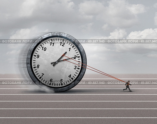 Time burden business concept as a burdened businessman or employee pulling a heavy clock as a symbol for deadline stress or schedule pressure and an icon for aging. Стоковое фото, агентство Ingram Publishing / Фотобанк Лори