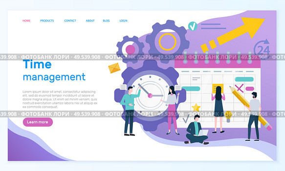 Time management online web page with organizer vector. Men and women compose business schedule, wall clock, success element and productive work arrangement. Website or webpage template landing page. Time Management Online Web Page with Organizer. Стоковая иллюстрация, агентство Ingram Publishing / Фотобанк Лори